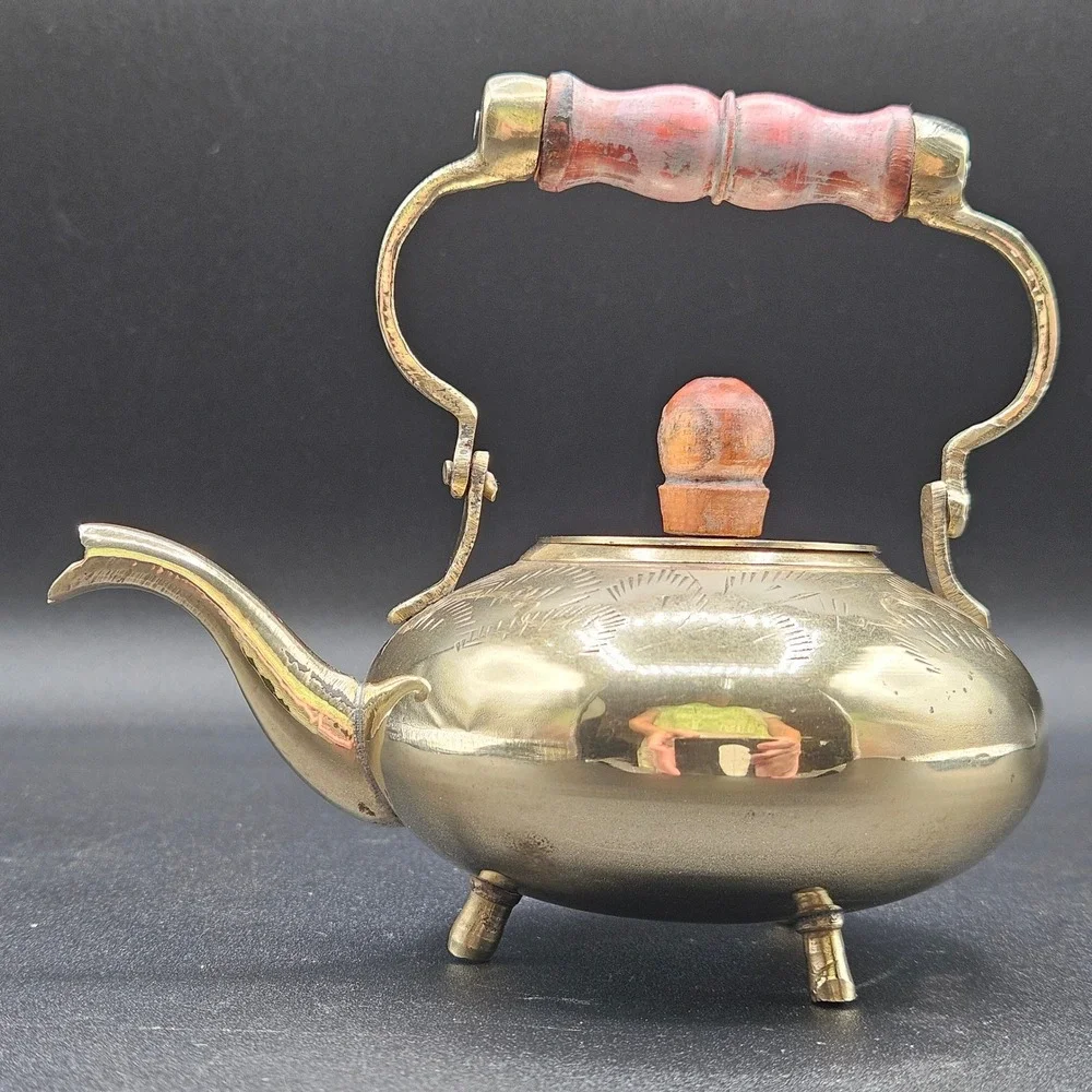 Vintage Etched Brass Miniature Teapot Tripod Feet Wood Handle Decorative 4.5in